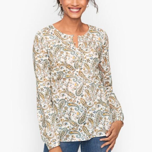 Talbot's Cotton Popover Rocking Paisley Print Blouse - Picture 1 of 14